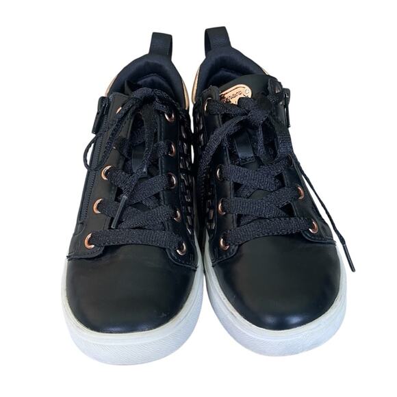Skechers Faux Leather Geometric Design Side Zip High Top Sneakers Black Gold 13 - Picture 1 of 7